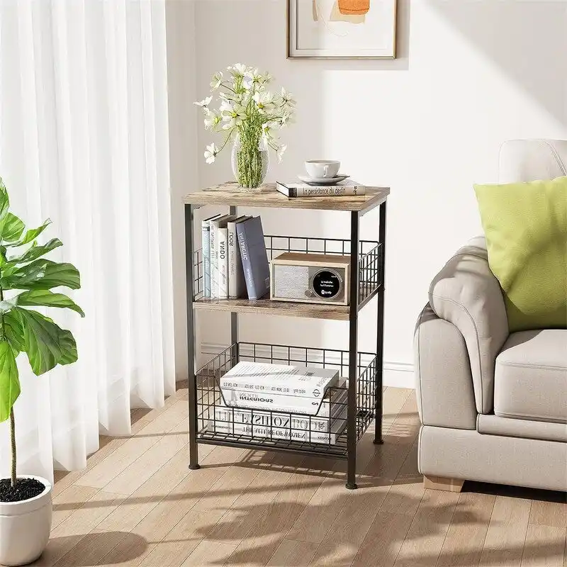 Industrial Retro Side Table Nightstand Storage Shelf - 11.8D x 15.7W x 25H