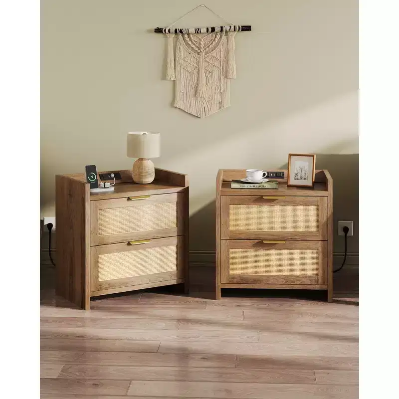 GALAXHERO Rattan Nightstands, Night Stand with Charging Station Boho Bed Side Table with 2 Drawers, End Tables Bedroom, Living Room