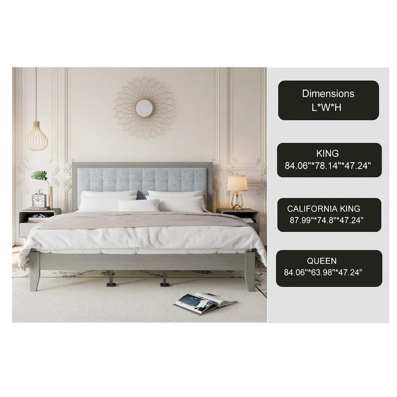 Solid Wood Platform Upholstered Headboard King Bed
