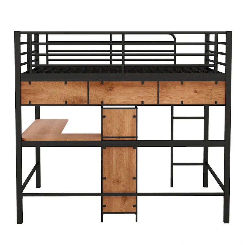Full Size Loft Bed with L Shaped Desk and Storage Shelves, Metal Full Loft Bed with High Guardrail and Ladder