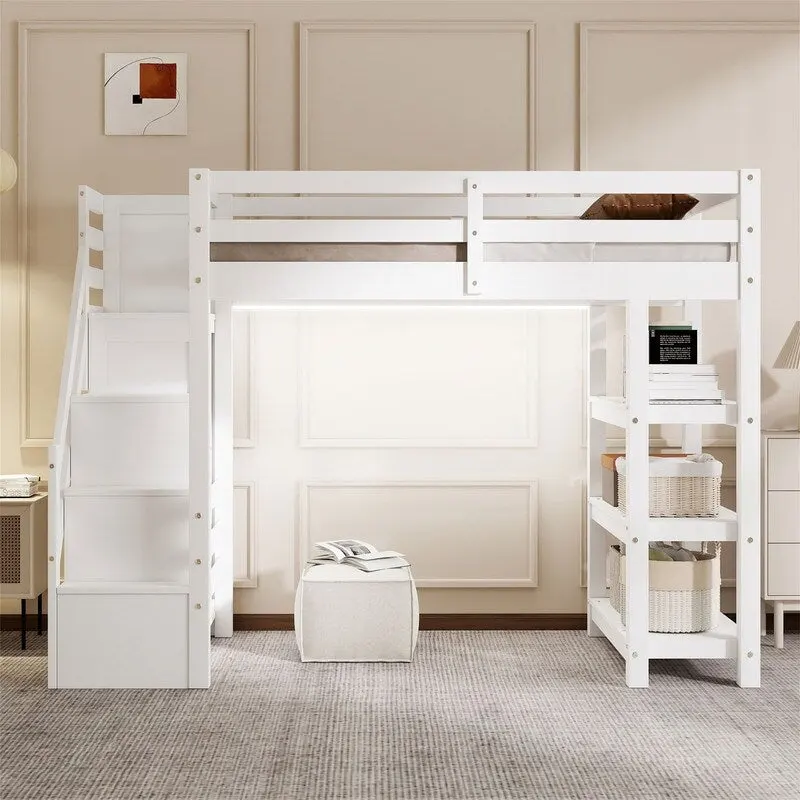Twin/Full Size Loft Bed with Small Wardrobe, LED Light and Storage Staircase, Wooden Loft Bedframe with Storage Shelves for Kids