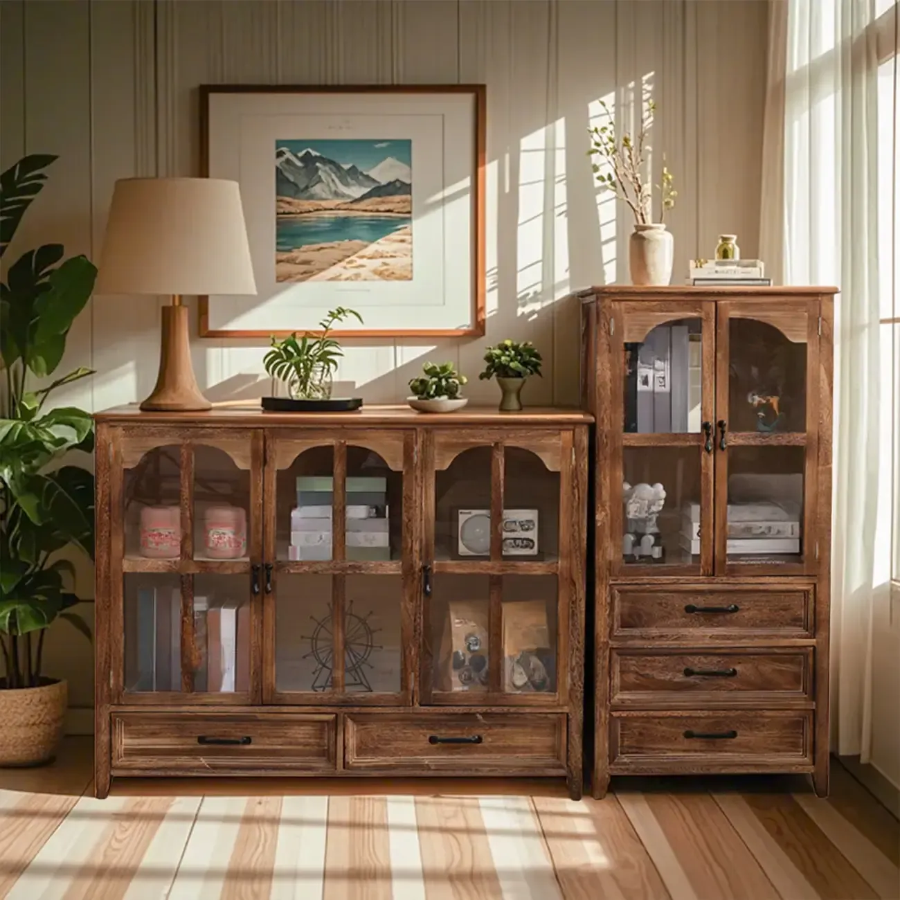 Rustic Wooden Living Room Storage Cabinet with Drawers
