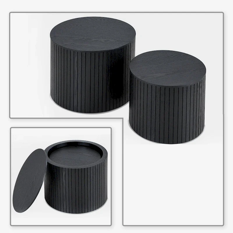 2-Piece Barrel Nested Coffee Table Set, Walnut/Black, Removable Top