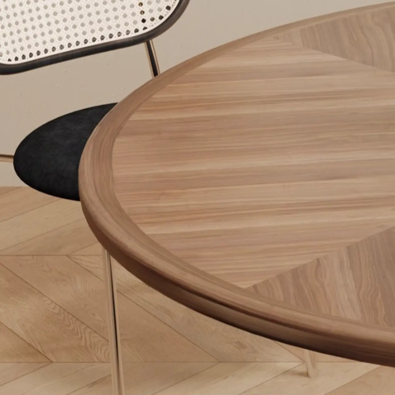 Art Deco Circular Dining Table with Brown Natural Wood Fixed Tabletop