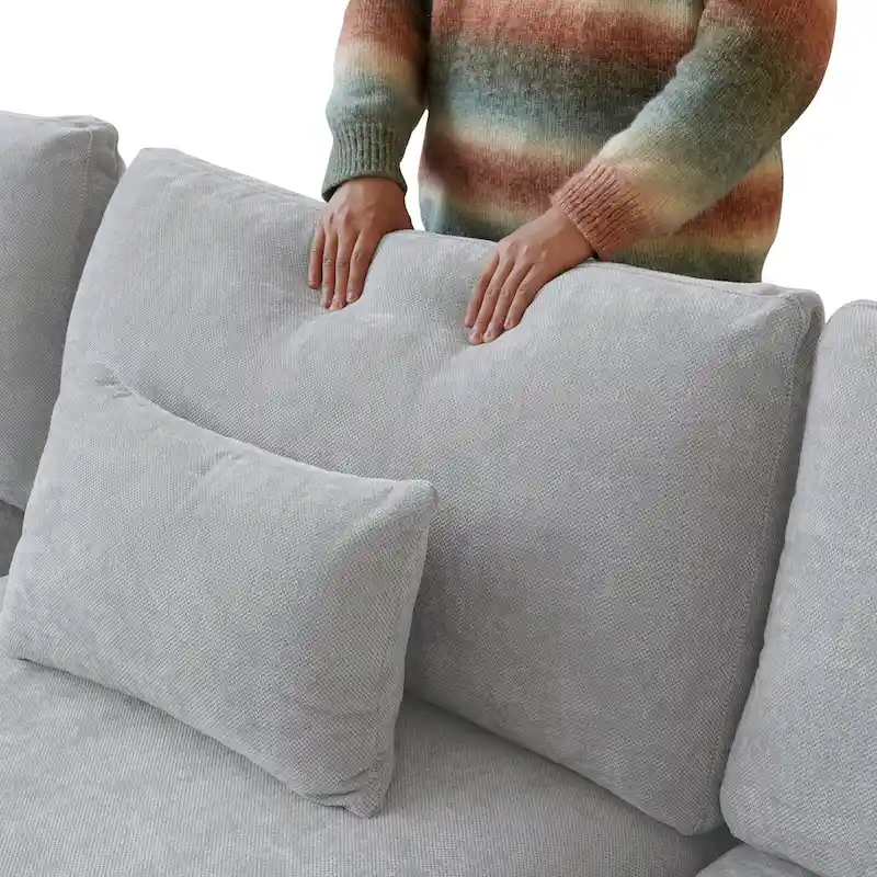 82.68   Down Filled Sectional Couch L-shape Linen Upholstered Loveseat with Ottoman