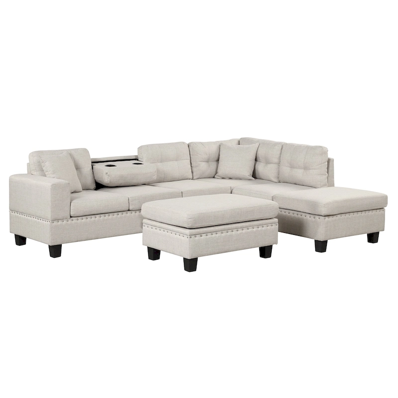 Grey 105 L-Shaped 7-Seat Modern Sectional Sofa with 2 Cushions, Reversible Chaise, Storage Ottoman, and Cup Holders