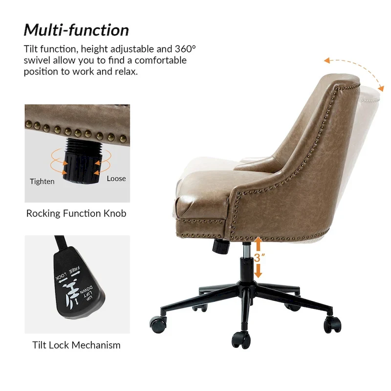 Faux Leather Swivel Office Chair - Mid-Back with Nailhead Trim - 250 lbs Capacity