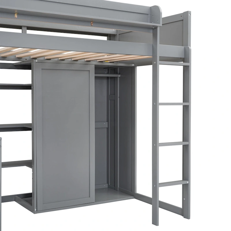 Twin Wood Loft Bed with Shelves, Wardrobe, and Desk
