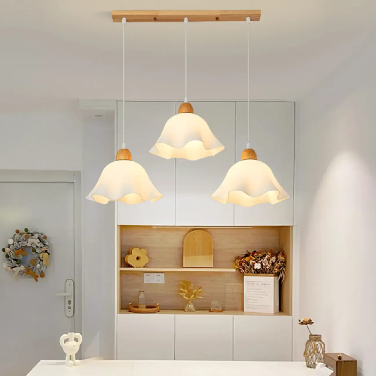 3 Light Milky Glass Floral LED Pendant Light for Dining Room
