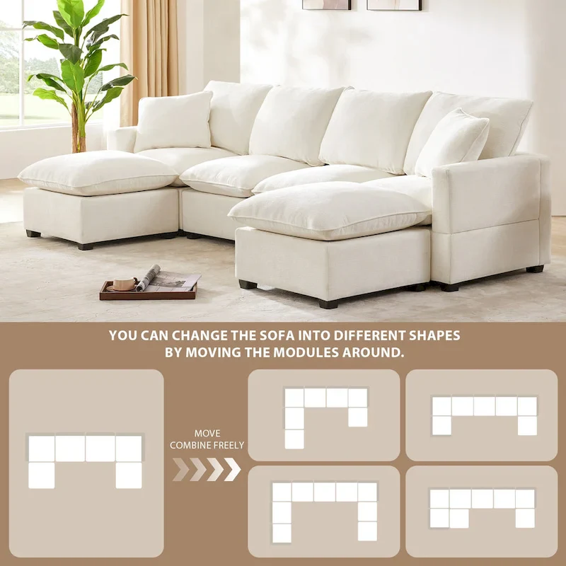 U Shape Modular Sofa, 6 Seat Chenille Deep Seat Sectional Couch