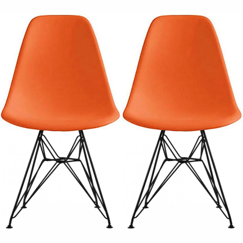 Set of 2 Mid-Century Modern Dining Side Chairs Armless Plastic Shell Seat with Black Metal Wire Eiffel Base, White