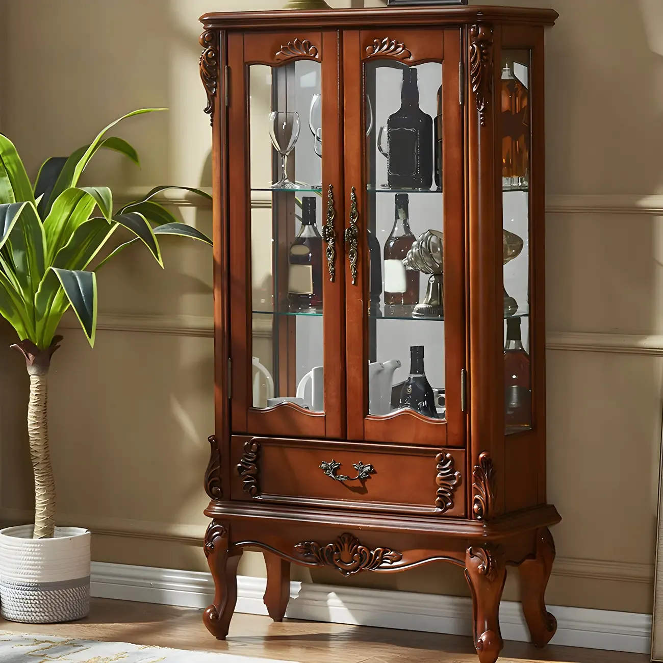 Traditional Wooden Brown Display Cabinet with Glass Doors