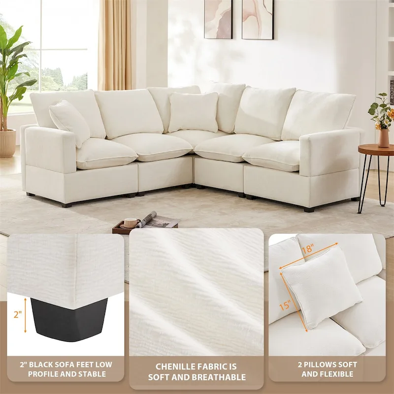 Modern L Shape Modular Sofa,Chenille Sectional Couch Set w/2 Pillows