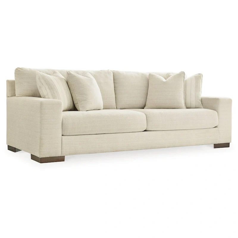 Magg 96 Inch Sofa, 4 Accent Pillows, Oversized Cushion, Beige Polyester
