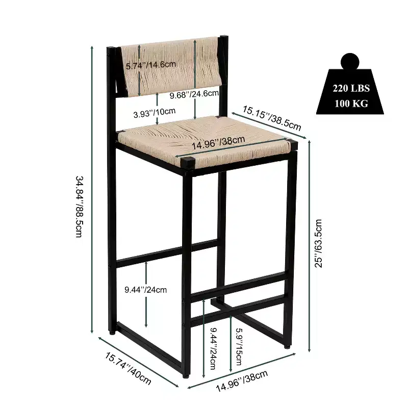 TUYOHW Modern Woven Paper Rope Bar Stools Set of 2,Counter Height Bar Chairs with Metal Frame & Footrest,Dining Chairs for Kitchen,Home Bar