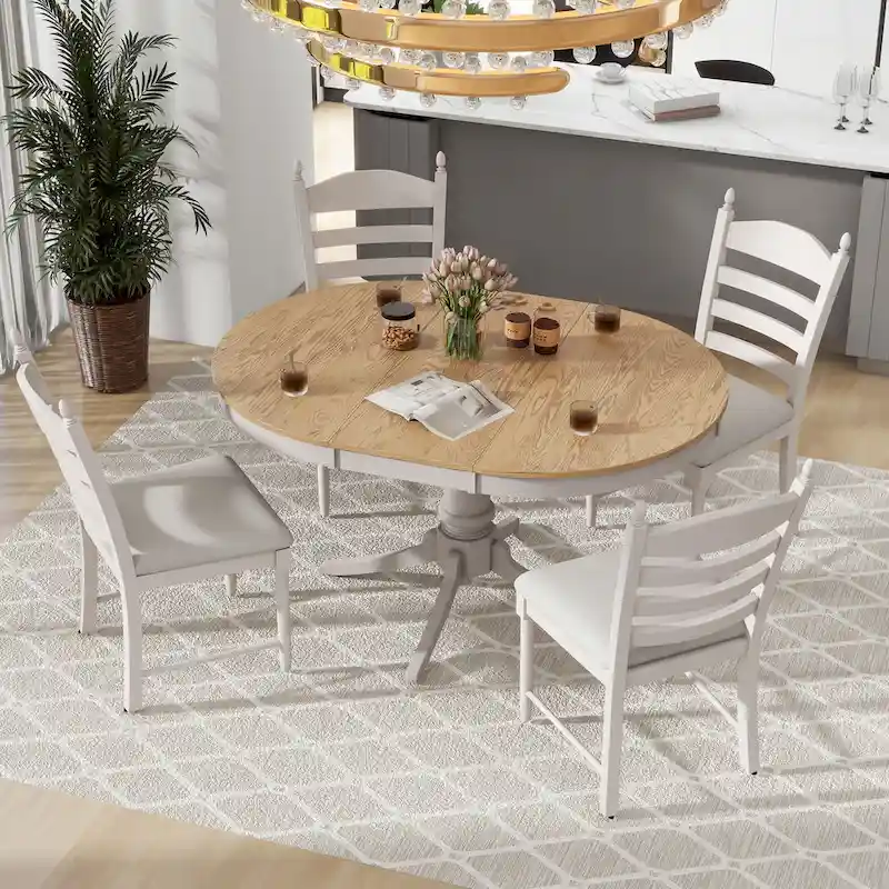 5 Piece Round Dining Table Set, Solid Wood Kitchen Table and Chair Set with Extendable Table and 4 Upholstered Chairs