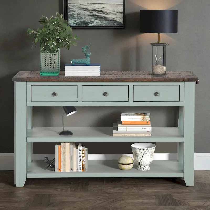 48 Solid Pine Wood Top Console Table, Modern Entryway Sofa Side Table with 3 Storage Drawers and 2 Shelves. Easy to Assemble