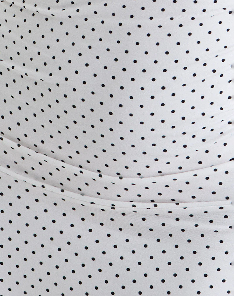 Luscian Plunge Mini Dress in White with Micro Polka Black