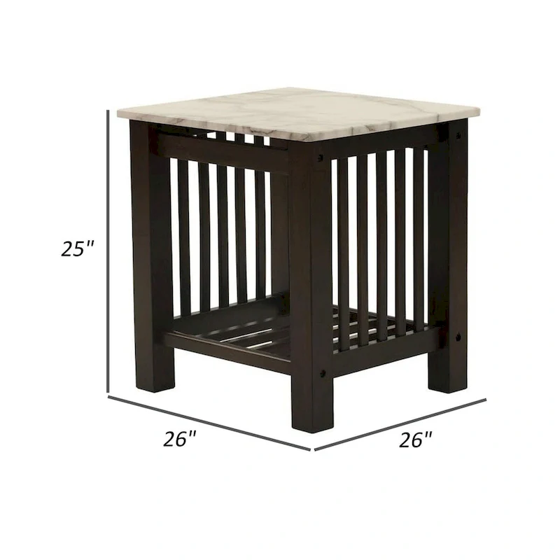 Moen 21 Inch Side End Table, White Faux Marble, Bottom Shelf, Black Wood