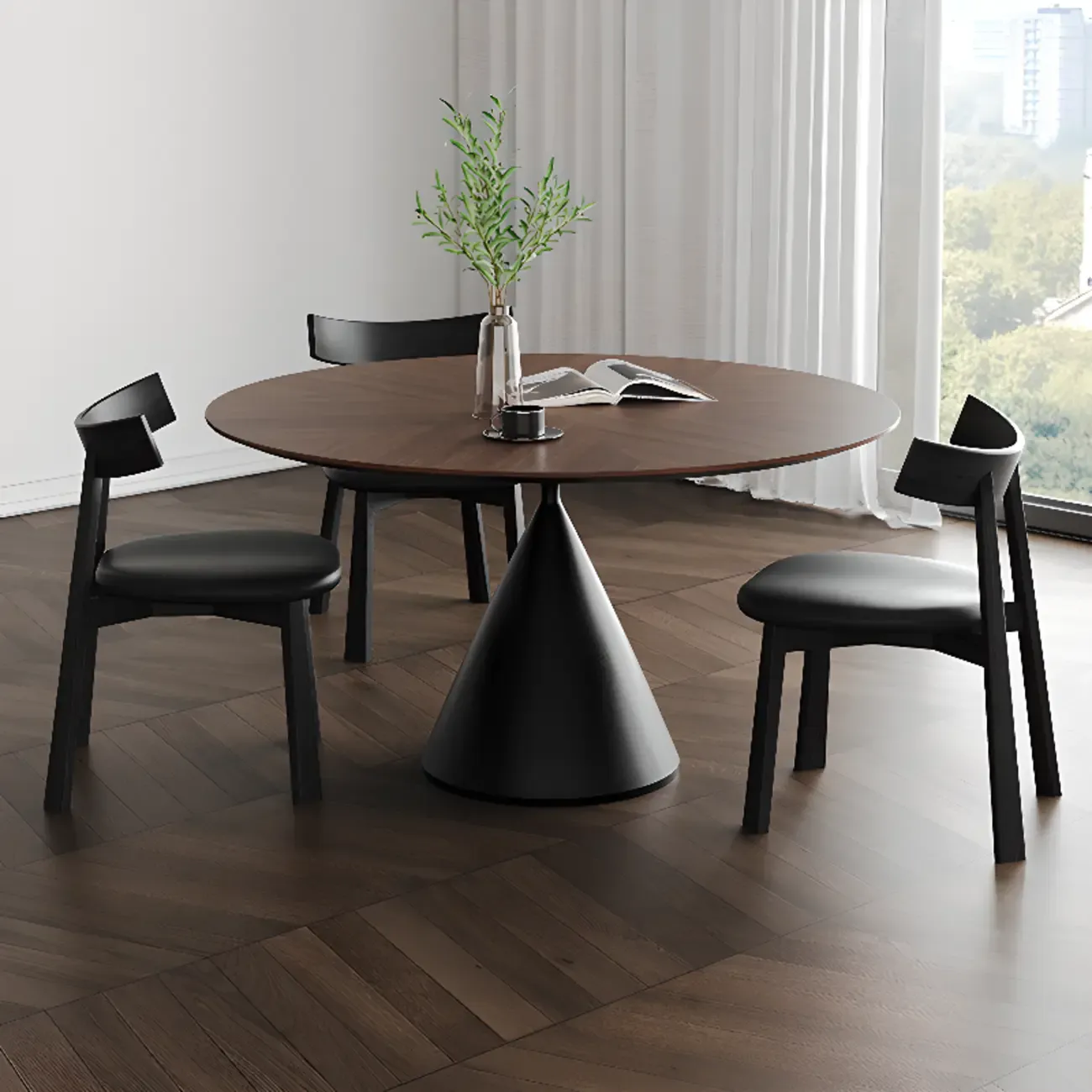Modern Black Wood Pedestal Round Dining Table