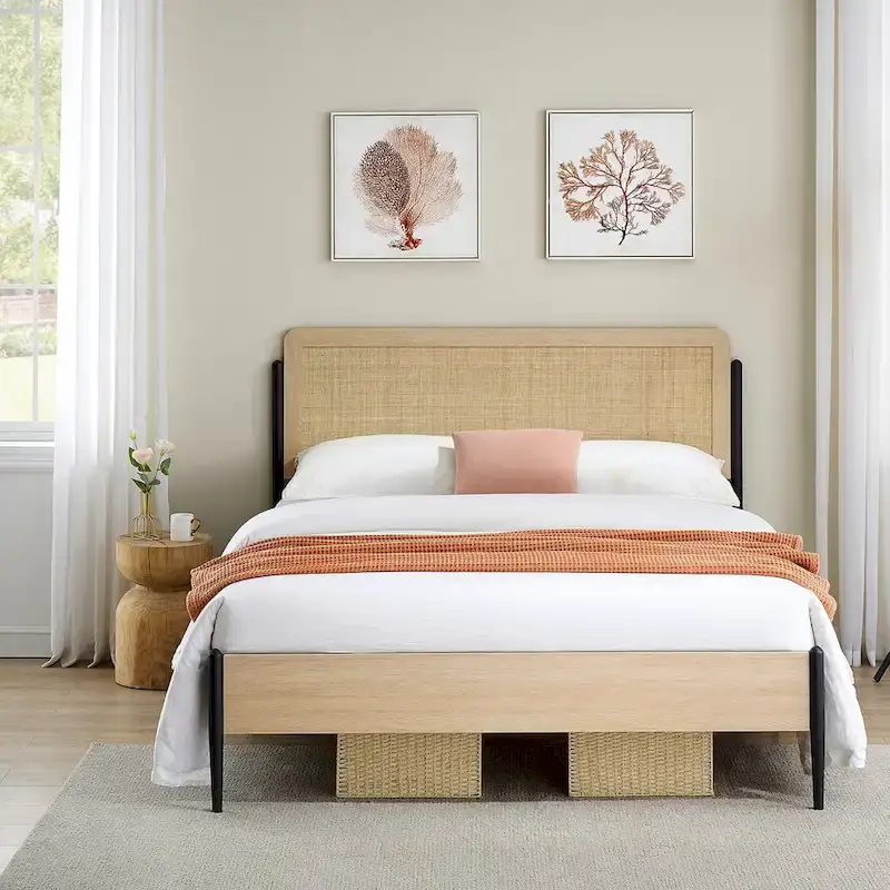 Bed Frame with Curved Rattan Headboard, MDF & Metal, No Box Spring, 700 lbs, Full/Queen