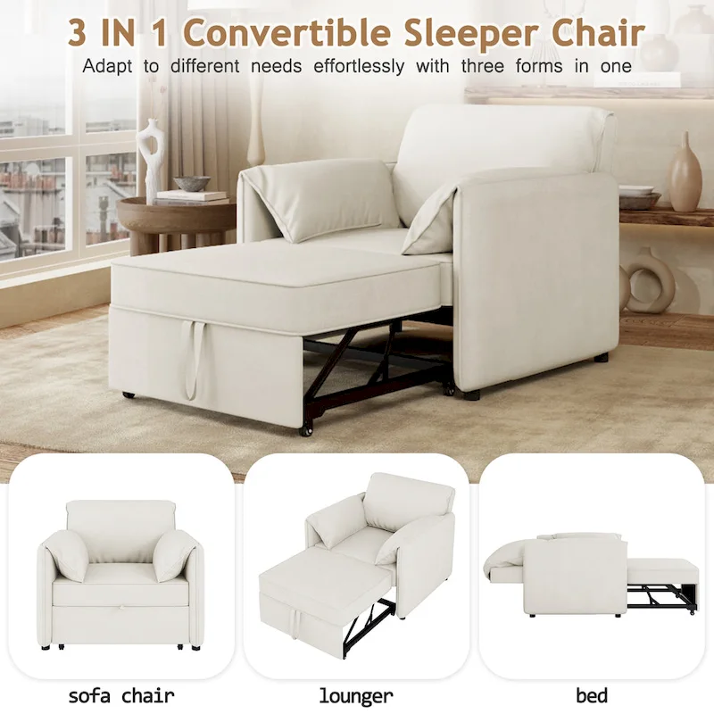 Roomfitters Convertible Sofa Bed, 3 in 1 Sleeper Chair with Adjustable Backrest and Thick Cushions, Linen Frame