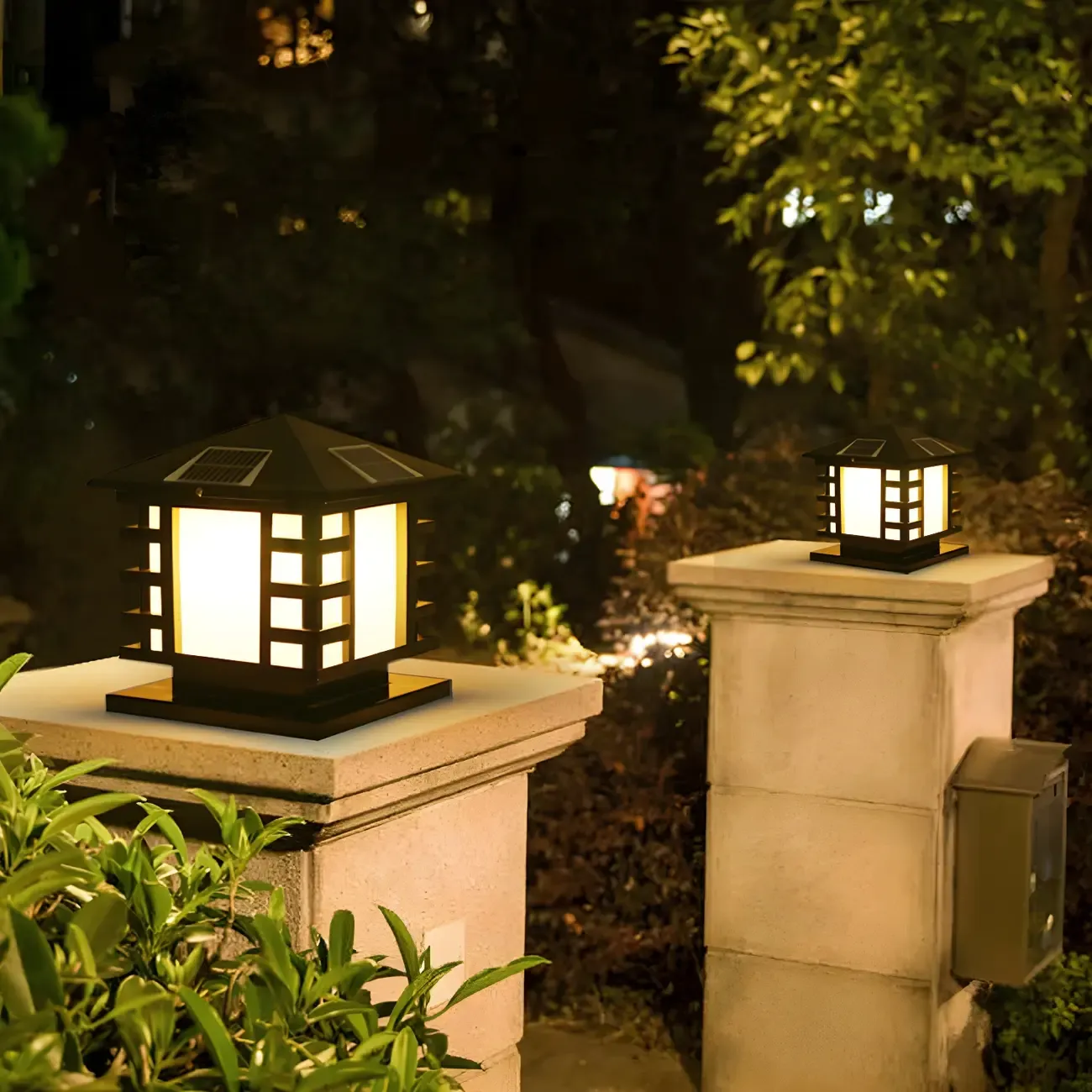 Black Metal Lantern-Shape Solar Outdoor Post Lights