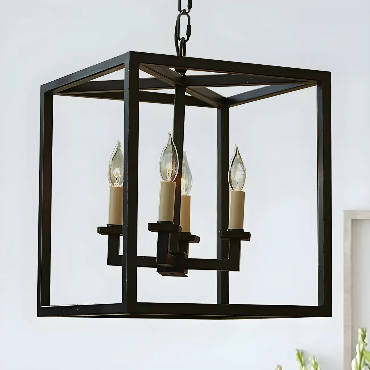 Minimalist Black Metal Square Lantern Candle Chandelier