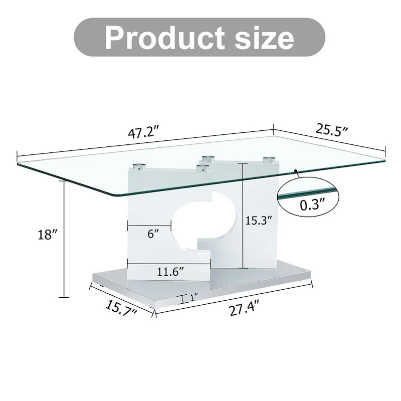 A rectangular modern and fashionable coffee table with tempered glass tabletop and white MDF legs