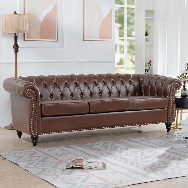 84.65 Chesterfield Tufted Faux Leather Sofa with Rolled Arms