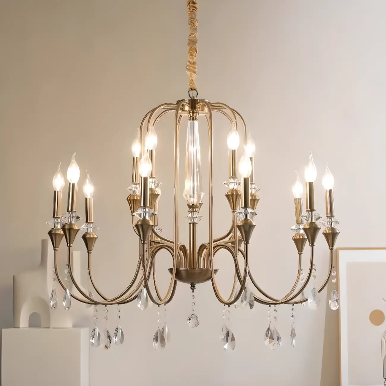 Mid-Century Modern Metallic Alloy Candle Chandelier with Crystal