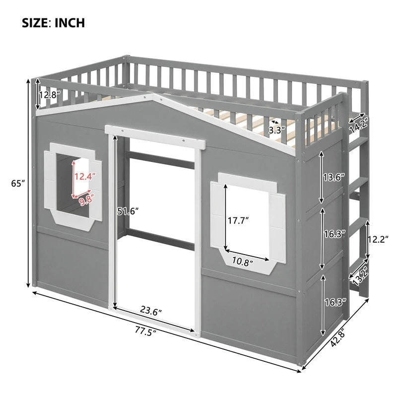 House Loft Bed Twin Kids Playhouse Bed, Solid Wood Loft Bed Frame with Window and Ladder