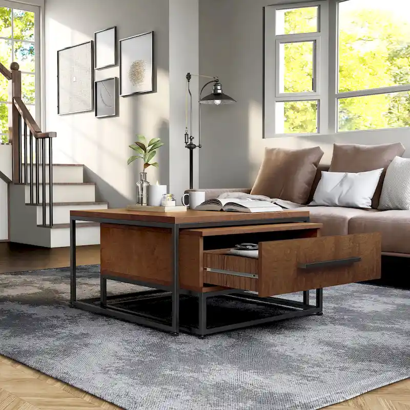 Saxon Rustic Brown Square 2-Piece Solid Wood Coffee Nesting Tables with 1-Drawer by Furniture of America