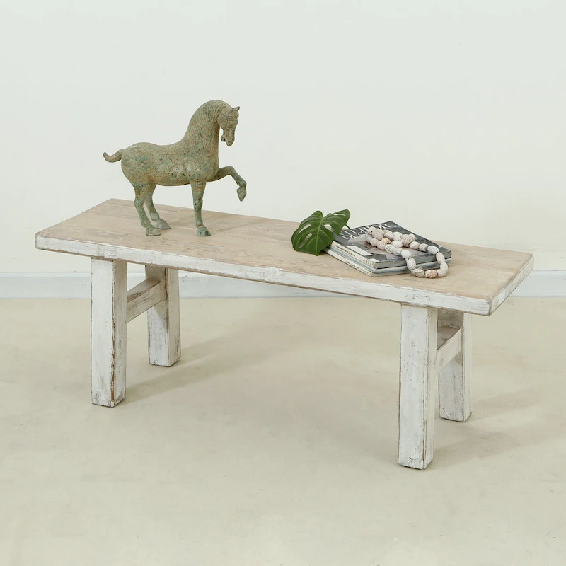 Artissance Small Amalfi Old Pine Wood Bench, 47 Inch Long, Antique Off White Finish