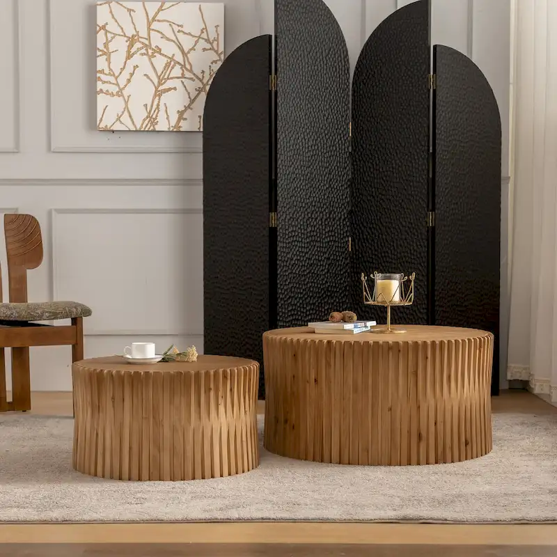 Coffee Table Set with Vertical Textured Embossed Design for Living Room (Set of 2)