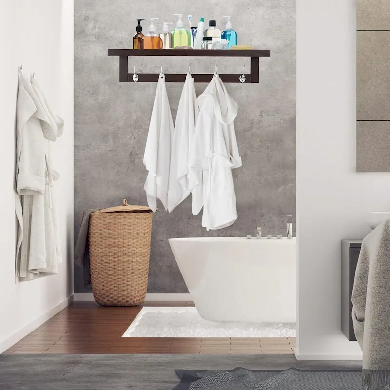 Coat Hooks Set of 4 with Shelf Wall-Mounted, Bamboo Hanging Shelf with 5 Double Metal Hooks (Dark Brown)