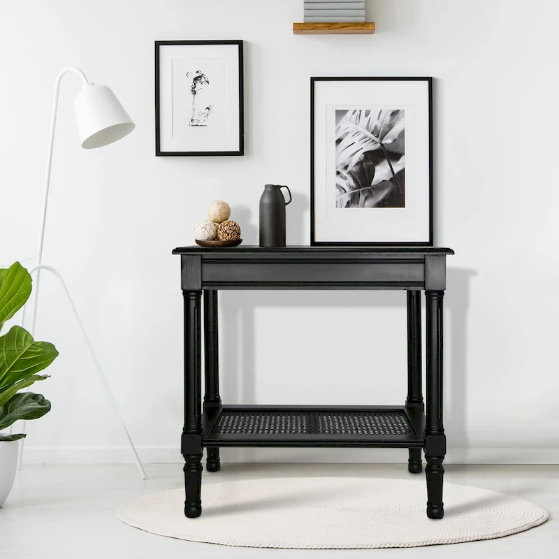 Copper Grove Reine Cream Side Table with Rattan Shelf