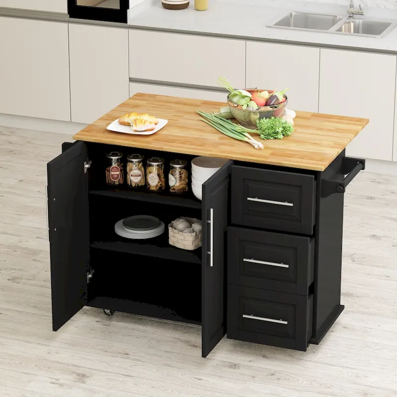 Kitchen Island Cart with 2 Door Cabinet and Three Drawers
