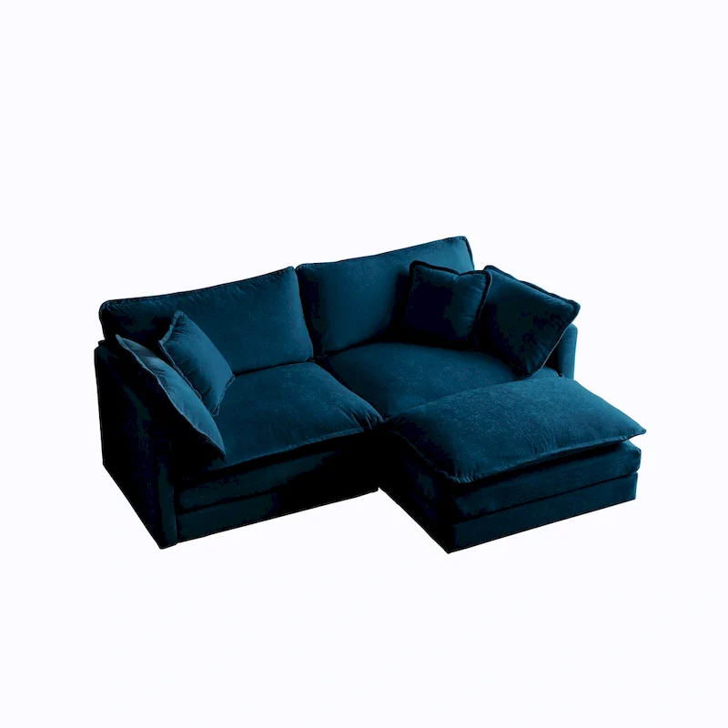 Chenille L-Shaped Sectional, 2 Seater Loveseat with Ottoman Blue