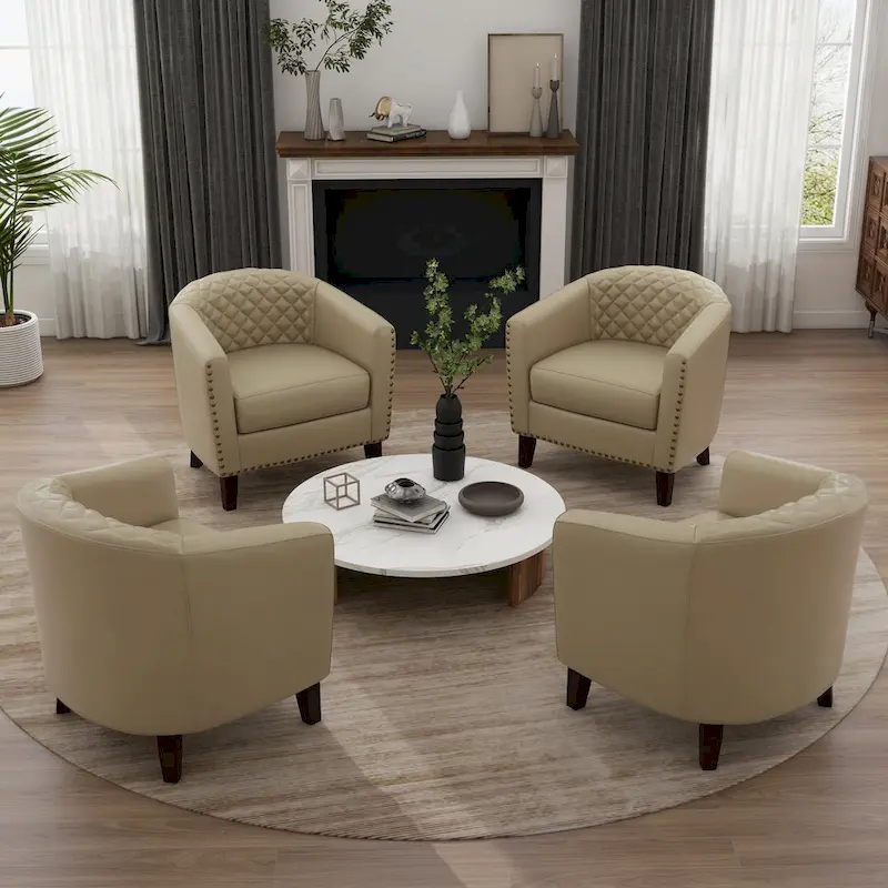 Axia 4 Set Modern Faux Leather Barrel Accent Chair with Wood Legs