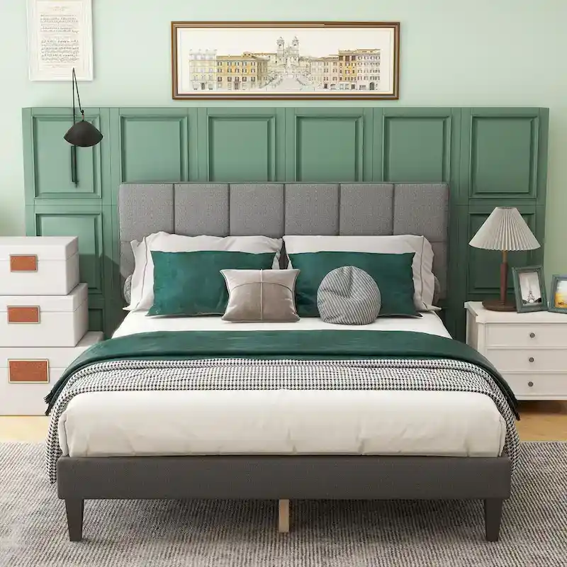 Queen Size Platform Bed Frame with Fabric Upholstered Headboard and Wooden Slats Support, No Box Spring Needed/Easy Assembly
