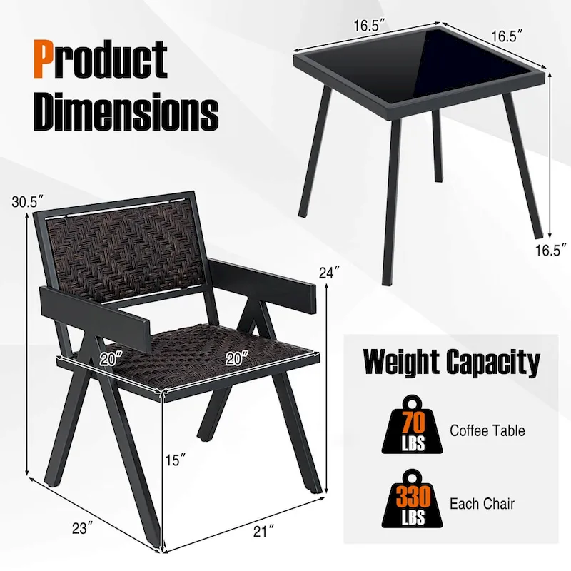 Costway 3 PCS Patio Wicker Chair Set, Rattan Furniture Set with Quick - See Details