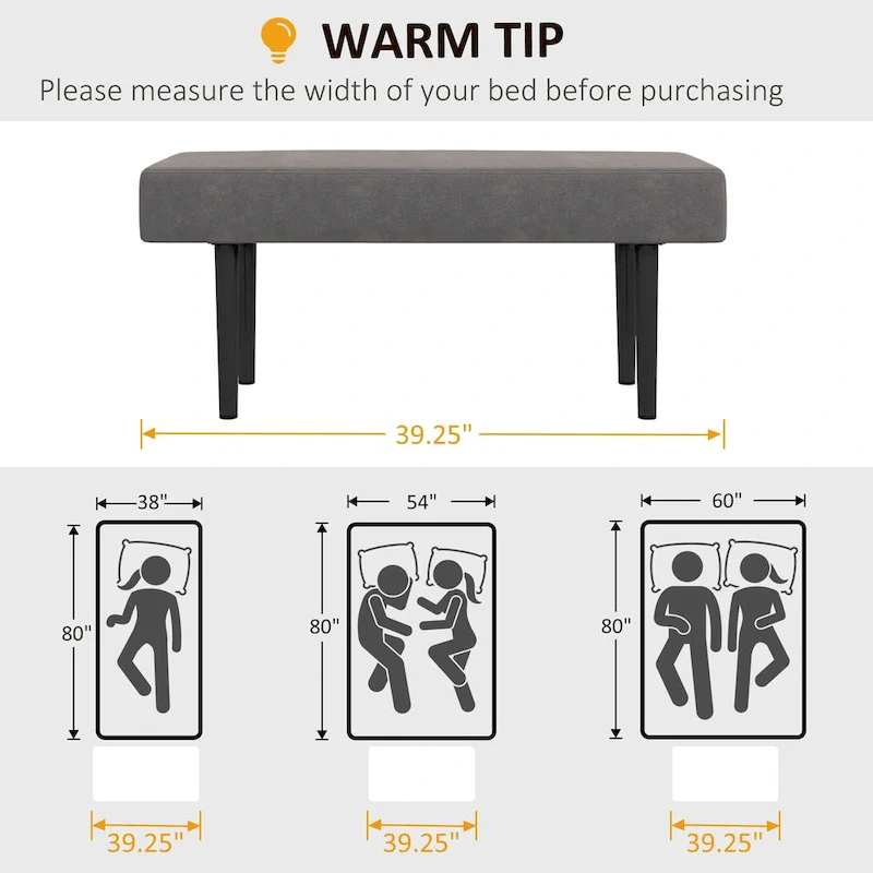 HOMCOM 39 End of Bed Bench, Upholstered Entryway Bench with Steel Legs, Bedroom Bench, Gray