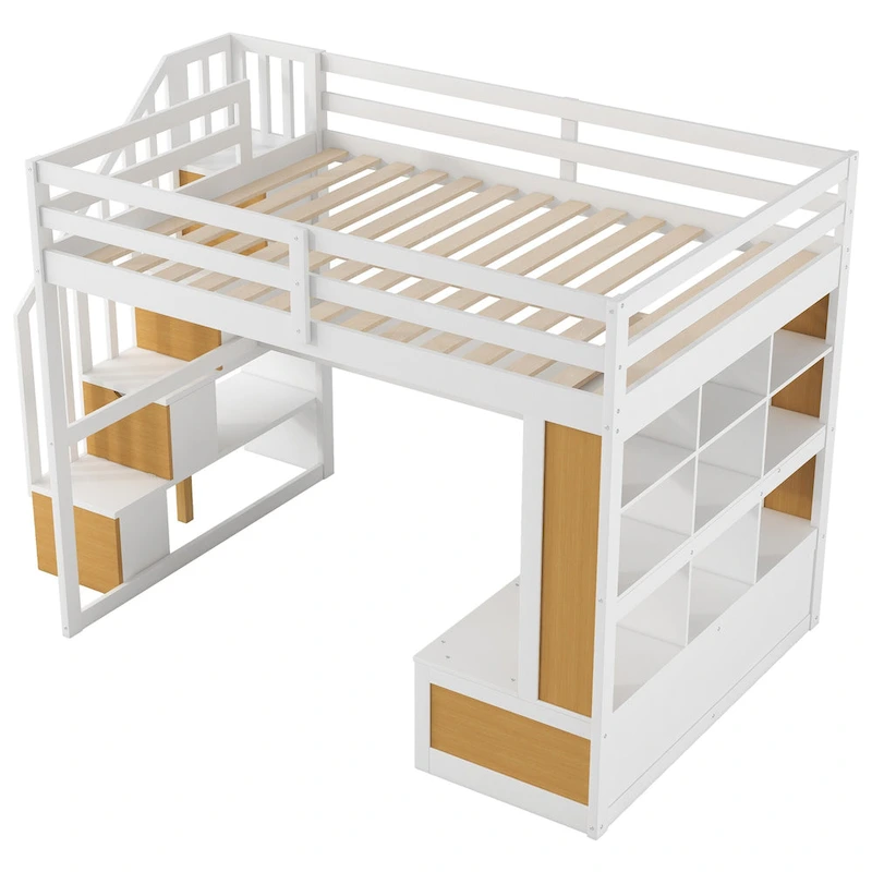 Natural+White Full Solid Wood Loft Bed with Desk & Drawers