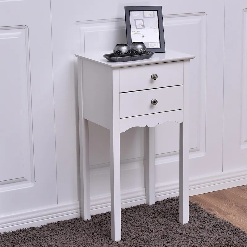 Side Table End Accent Table with 2 Drawers-White - 16.0 x 13.0 x 30.0 (L x W x H)