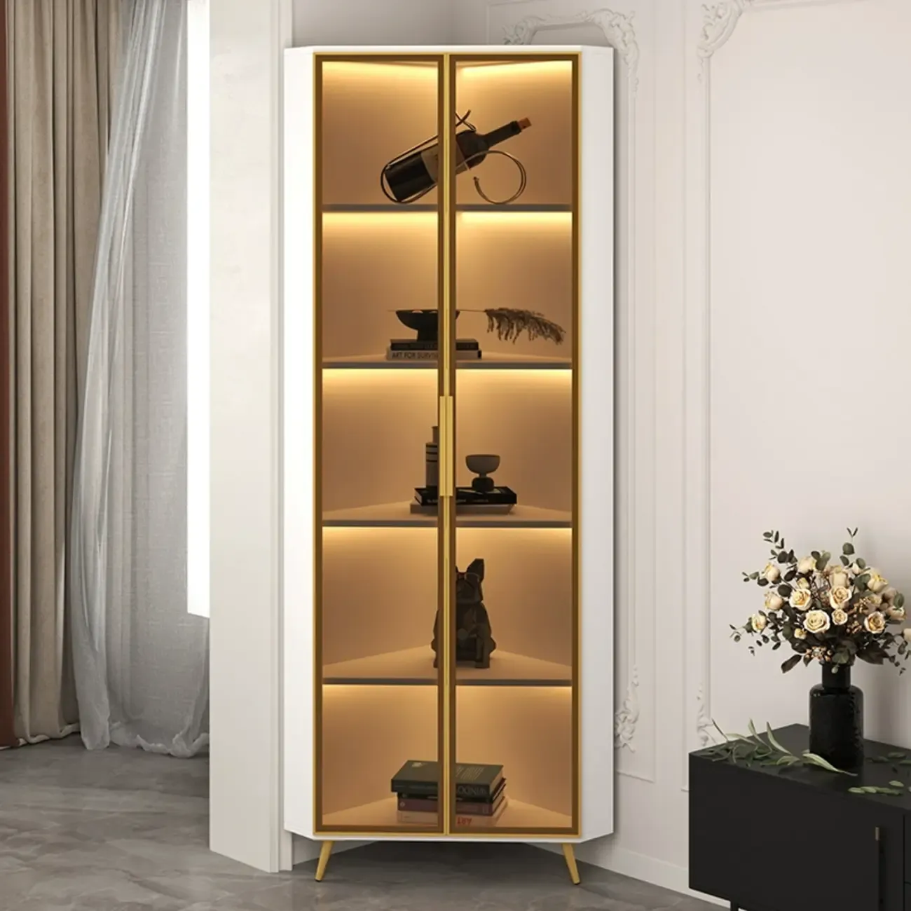Modern Glam White-Gold Wood Glass Display Cabinet