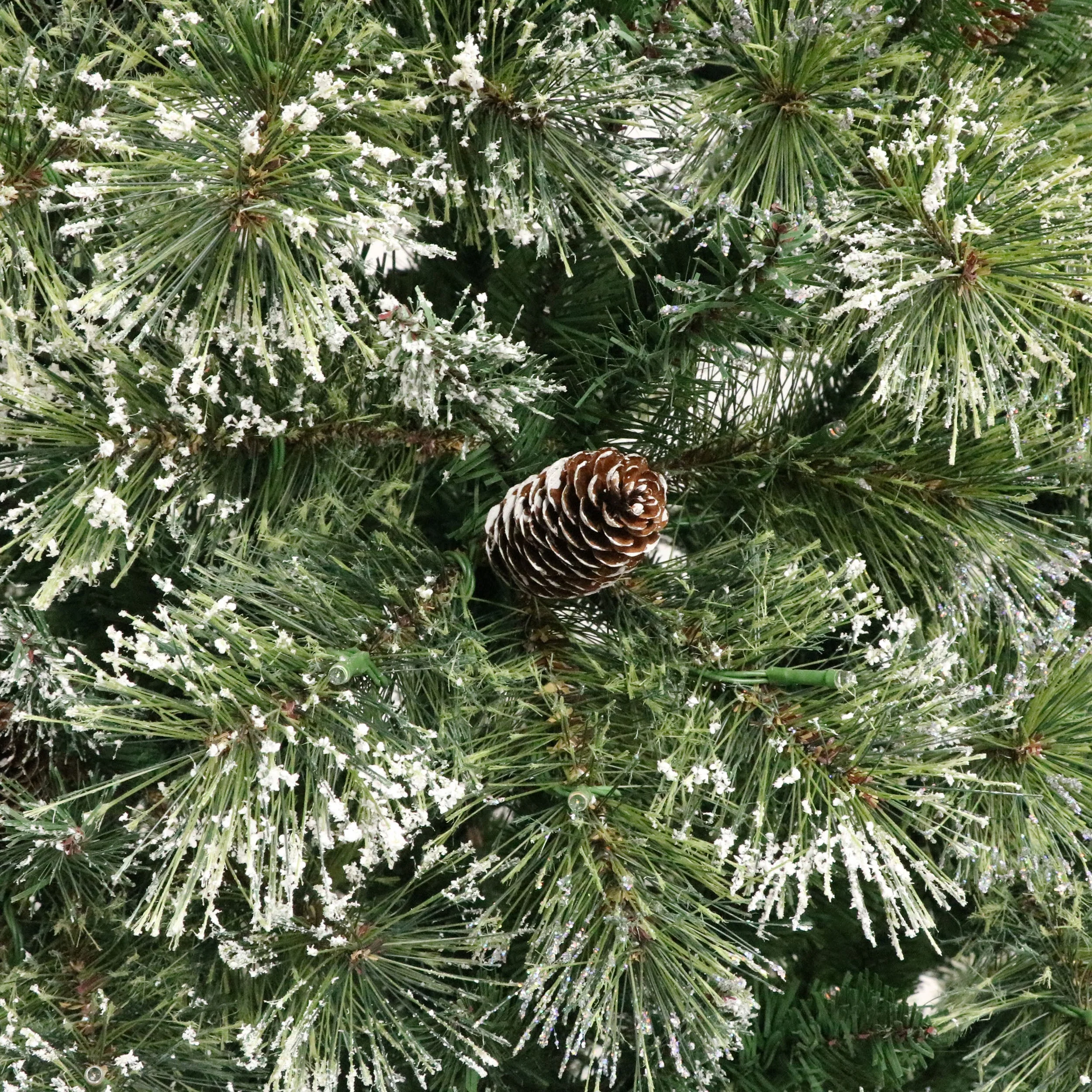 Cashmere Pine and Mixed Needles Pre-Lit Clear LED Hinged Artificial Christmas Tree with Snow and Glitter Branches and Frosted Pinecones - NH022513