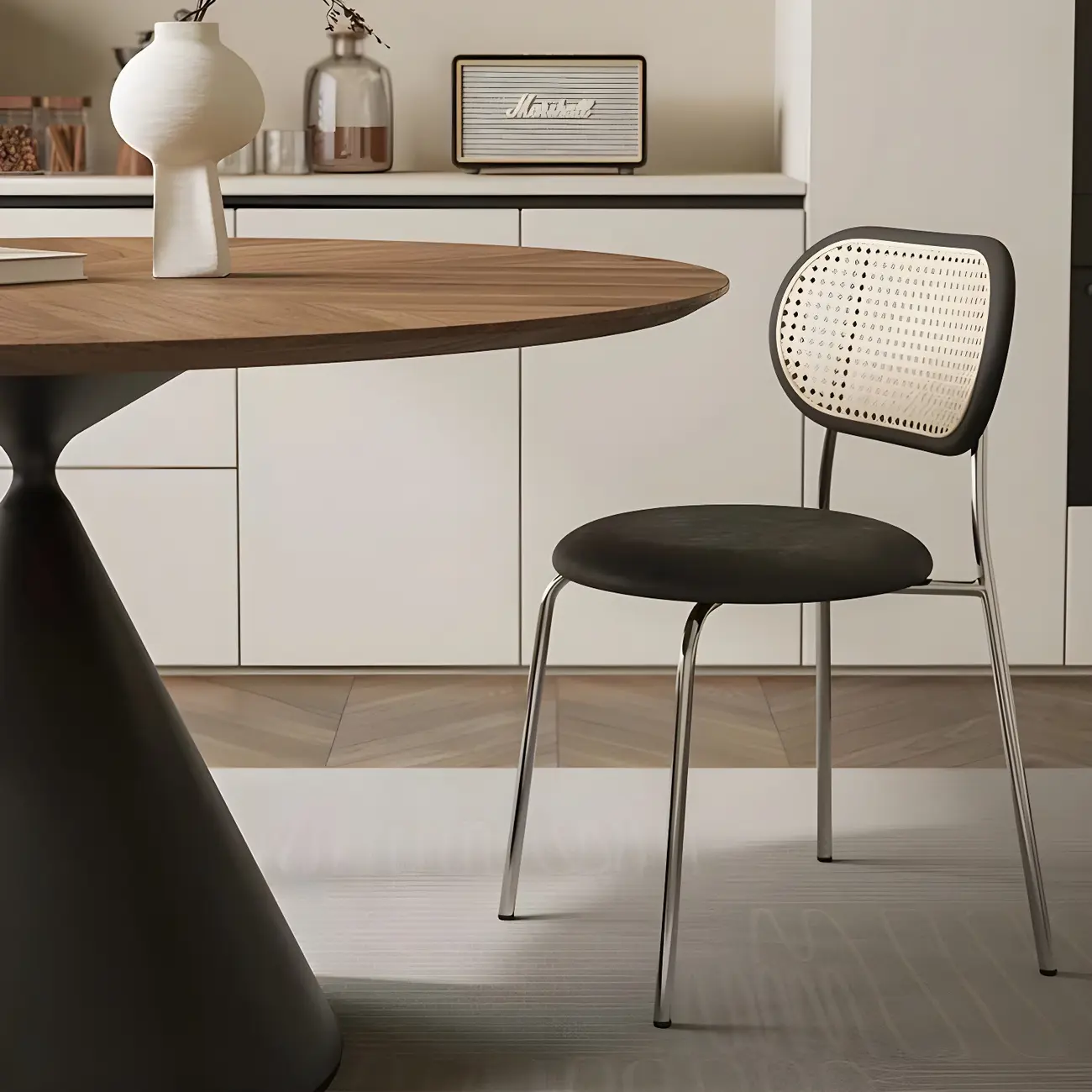 Brown Wood Round Dining Table with Black Metal Pedestal