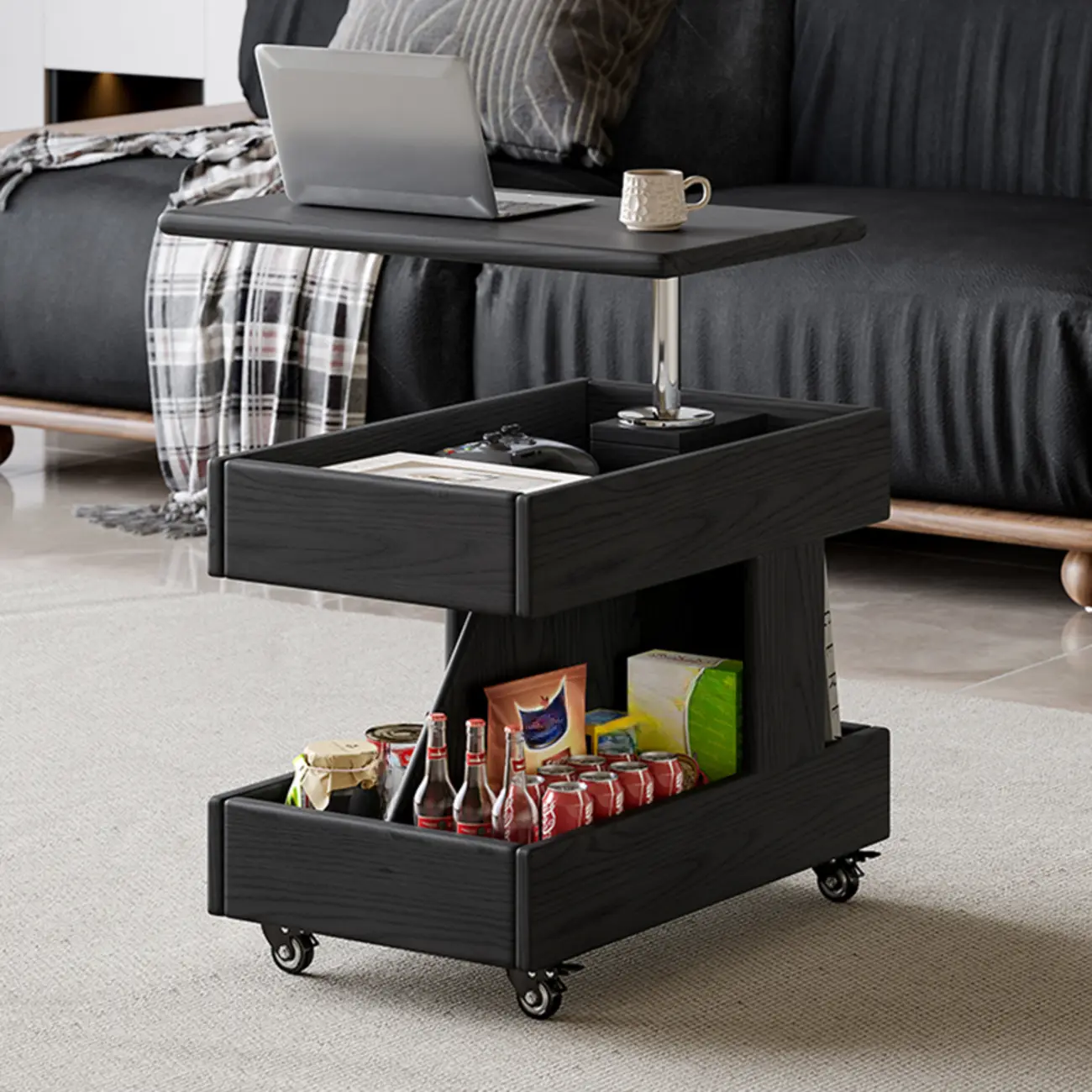 Versatile Swivel Top Modern Wood Side Table with Wheels