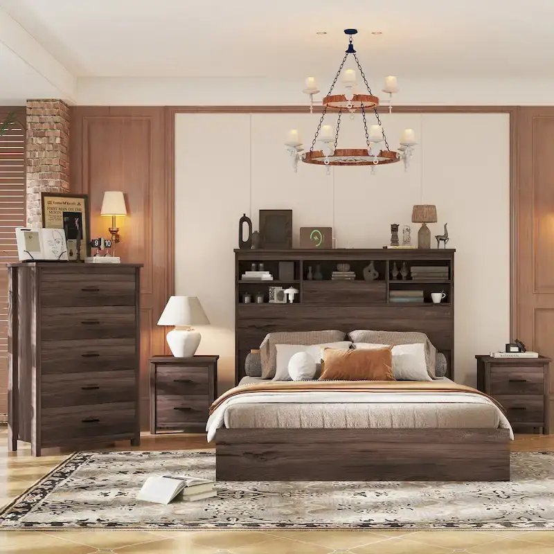 4-Pieces Bedroom Sets Queen Size Wooden Bed Frame with 2 Nightstands and 1 Dresser,Dark Walnut
